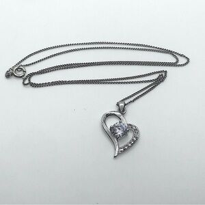 STERLING Silver & Cz Sloped Curved Heart Pendant w 925 Chain 19” + 1” Pendant